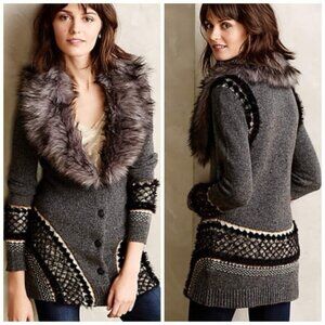 EUC Anthropologie Sleeping On Snow Gray Corby Lodge Cardigan w/ Faux Fur Collar
